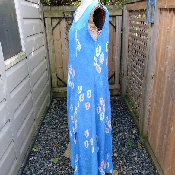 Vintage Hawaiian Dress Sz Medium Blue Tropical Leaf Batik Maxi Long Boho Hippy - Picture 6 of 13